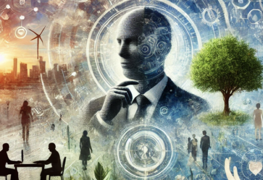 Image symbolique : un visage numérique en réflexion, entouré d'éléments technologiques et naturels en réseau.