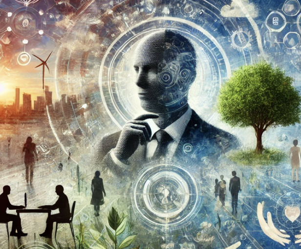 Image symbolique : un visage numérique en réflexion, entouré d'éléments technologiques et naturels en réseau.