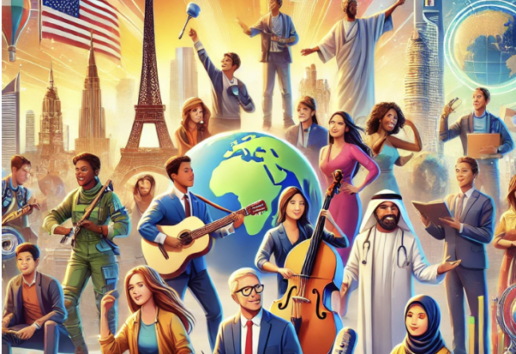 Illustration diverse célébrant l’unité mondiale : musiciens, professionnels et figures variées symbolisant harmonie et