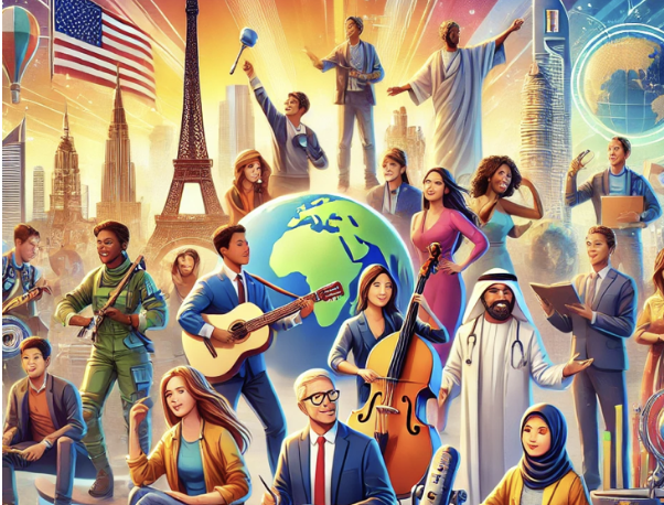 Illustration diverse célébrant l’unité mondiale : musiciens, professionnels et figures variées symbolisant harmonie et