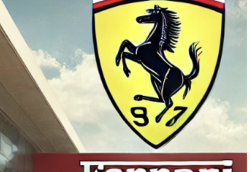 Logo Ferrari : écusson jaune avec cheval cabré noir, numéros 9 et 17, et bandeaux colorés vert-blanc-rouge.