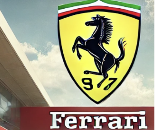 Logo Ferrari : écusson jaune avec cheval cabré noir, numéros 9 et 17, et bandeaux colorés vert-blanc-rouge.