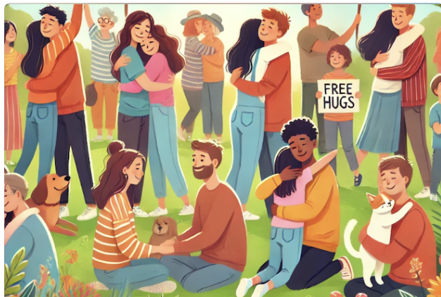 Groupe joyeux en extérieur : familles et amis échangent des câlins et sourires, avec des animaux de compagnie. » (124