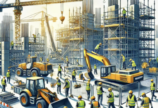 Construction active : chantier avec ouvriers en sécurité, engins et structures en béton.