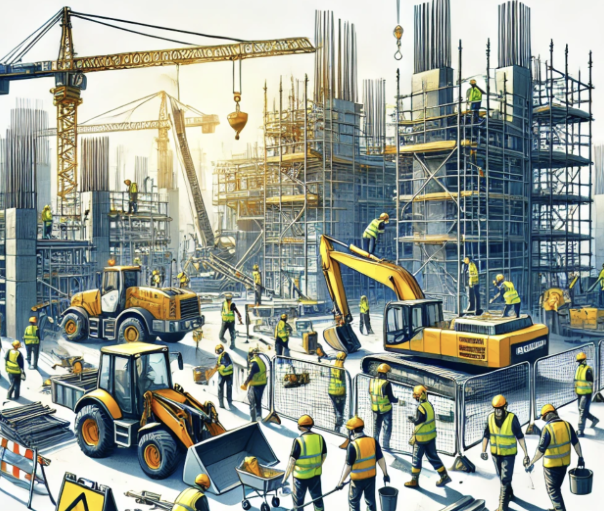 Construction active : chantier avec ouvriers en sécurité, engins et structures en béton.