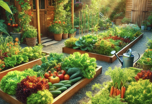 Jardin potager luxuriant avec légumes variés, serres en bois et arrosoir, ensoleillé et bien entretenu.