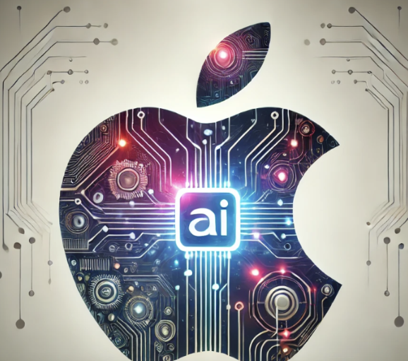Logo Apple stylisé avec circuit imprimé et icône "AI" lumineuse, symbolisant l’intelligence artificielle. » (124 car