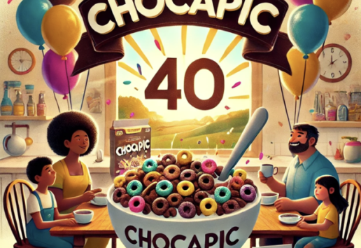 Fête des 40 ans de Chocapic : famille autour d'un bol géant de donuts, décoré de ballons colorés et de bannières.