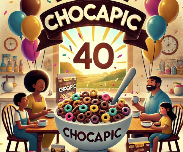 Fête des 40 ans de Chocapic : famille autour d'un bol géant de donuts, décoré de ballons colorés et de bannières.