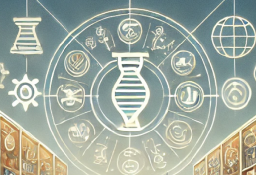 Image symbolique : roue centrale avec ADN, éléments scientifiques et astrologiques, entourée d'icônes zodiacales et de mo