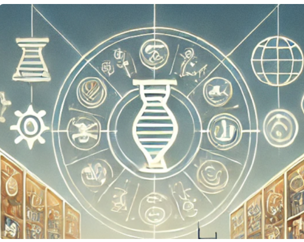 Image symbolique : roue centrale avec ADN, éléments scientifiques et astrologiques, entourée d'icônes zodiacales et de mo