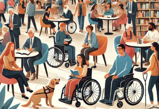 Image d'un espace public accueillant : personnes diversement handicapées (fauteuils roulants, chien d'assistance) et en acti