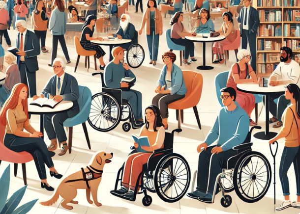 Image d'un espace public accueillant : personnes diversement handicapées (fauteuils roulants, chien d'assistance) et en acti