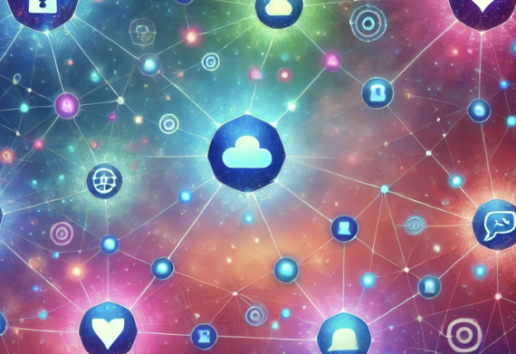 Réseau numérique coloré avec icônes connectées : cloud, cœurs, verrous et messages, sur fond cosmique." (124 caractèr