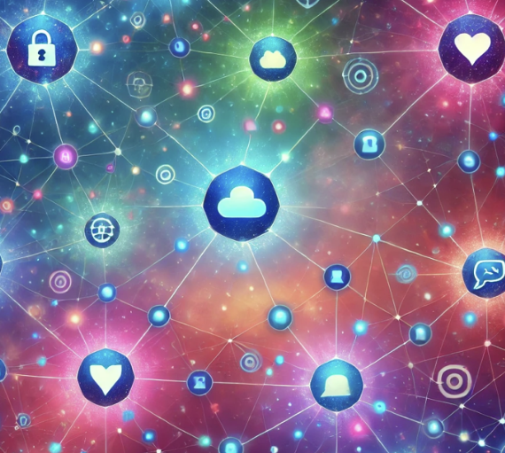 Réseau numérique coloré avec icônes connectées : cloud, cœurs, verrous et messages, sur fond cosmique." (124 caractèr