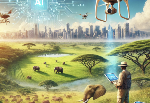 Scène savane avec animaux, drone et technologie AI. Chercheur utilise tablette. Ville futuriste en arrière-plan." (124 car