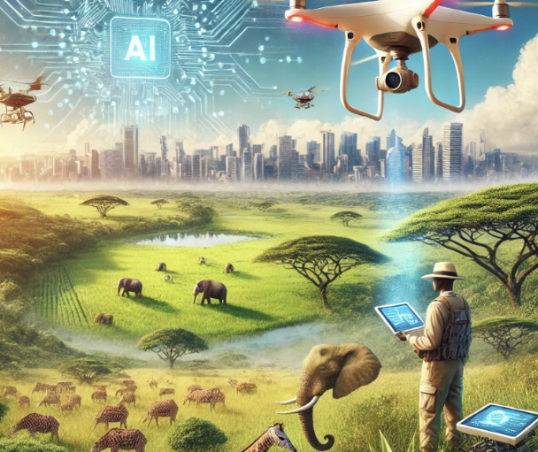 Scène savane avec animaux, drone et technologie AI. Chercheur utilise tablette. Ville futuriste en arrière-plan." (124 car