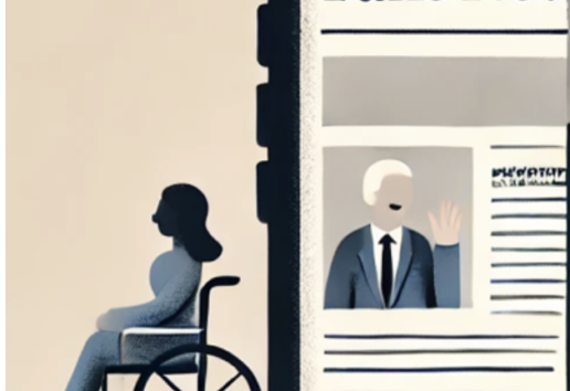 Illustration : Personne en fauteuil roulant devant un écran affichant des "Fake News" avec des visages gesticulant. » (1