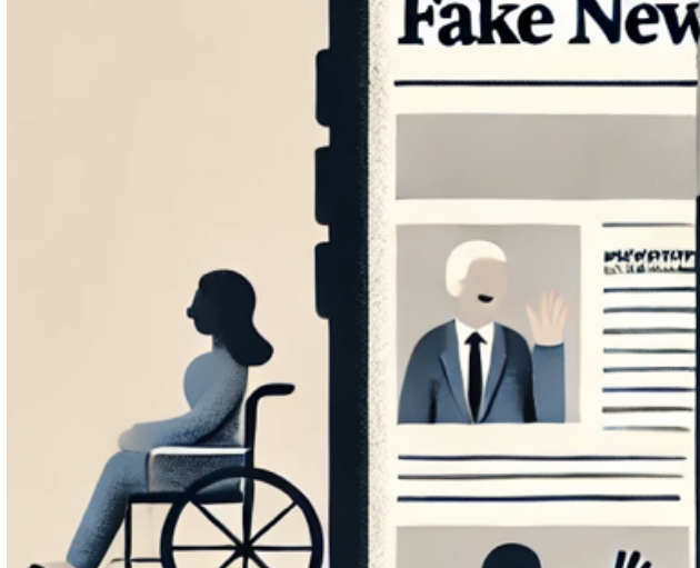 Illustration : Personne en fauteuil roulant devant un écran affichant des "Fake News" avec des visages gesticulant. » (1