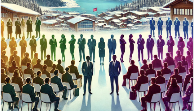 Cette image illustre une réunion internationale avec des participants en costumes, divisés en deux groupes distincts.