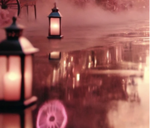 Cette image montre une scène nocturne avec des lanternes éclairées et une ambiance floue, évoquant une allée mystérieus