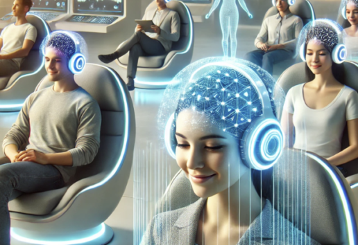 Personnes en salle futuriste avec casques connectés et interfaces neuronales holographiques, assises dans des fauteuils erg