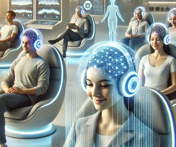 Personnes en salle futuriste avec casques connectés et interfaces neuronales holographiques, assises dans des fauteuils erg