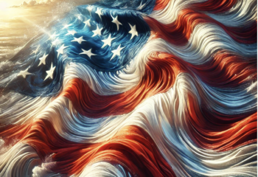 Image stylisée d'un drapeau américain aux vagues dynamiques, évoquant mouvement et énergie.