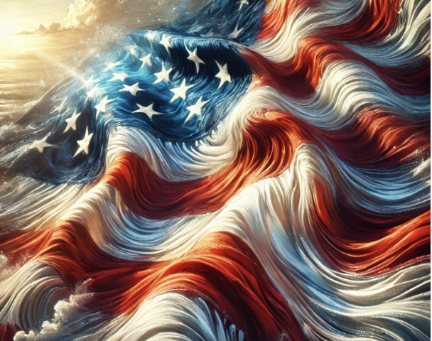 Image stylisée d'un drapeau américain aux vagues dynamiques, évoquant mouvement et énergie.