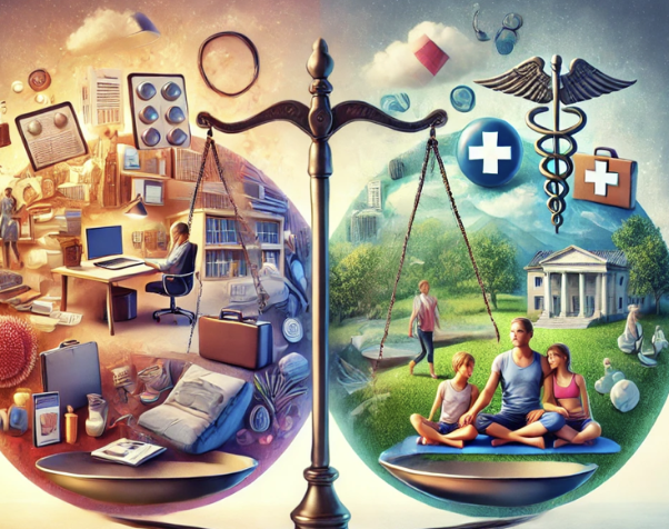 Cette image symbolise l'équilibre entre travail et santé, vie professionnelle et bien-être familial.