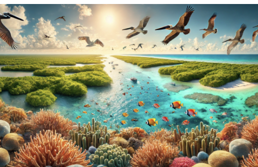 Scène côtière : mangrove et récif corallien sous un ciel dégagé avec oiseaux en vol.