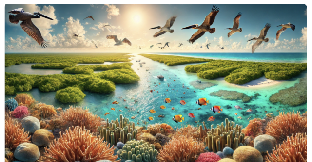 Scène côtière : mangrove et récif corallien sous un ciel dégagé avec oiseaux en vol.