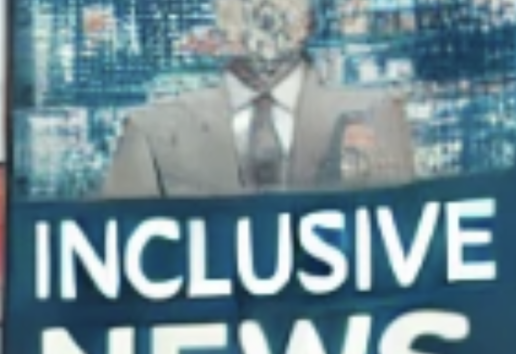 Image d'un présentateur de télévision devant un écran numérique affichant "Inclusive News".