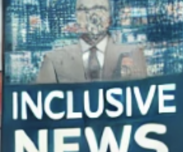 Image d'un présentateur de télévision devant un écran numérique affichant "Inclusive News".