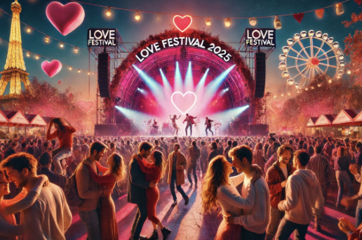 Fête romantique "Love Festival 2025" avec foule en liesse, décor lumineux et attractions festives.