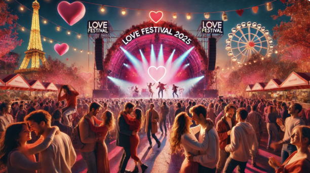 Fête romantique "Love Festival 2025" avec foule en liesse, décor lumineux et attractions festives.