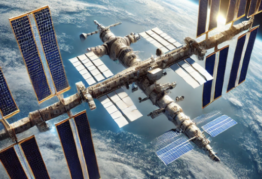 Station spatiale orbitale avec panneaux solaires, vue depuis l'espace, entourée par la Terre.