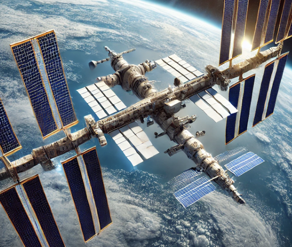 Station spatiale orbitale avec panneaux solaires, vue depuis l'espace, entourée par la Terre.