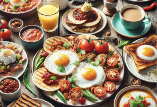 Assortiment varié de plats et petits déjeuners : œufs, pancakes, toasts, salades, jus et boissons chaudes." (124 caractè