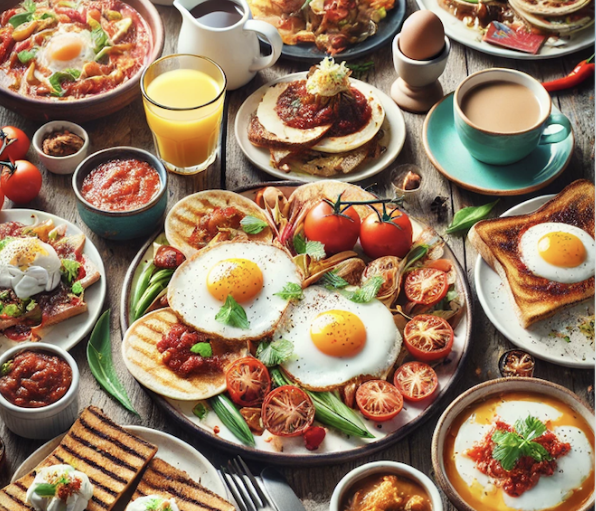 Assortiment varié de plats et petits déjeuners : œufs, pancakes, toasts, salades, jus et boissons chaudes." (124 caractè