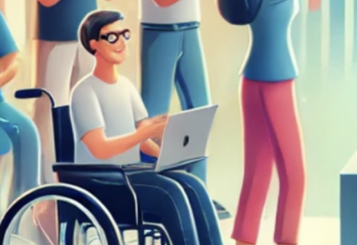 Équipe diverse applaudissant : un homme en fauteuil roulant utilise un ordinateur portable, entouré de collègues debout.