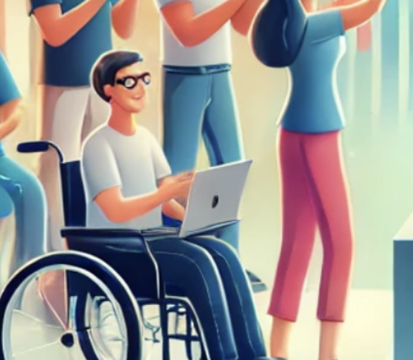 Équipe diverse applaudissant : un homme en fauteuil roulant utilise un ordinateur portable, entouré de collègues debout.