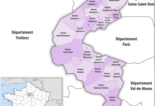 Cette image montre les cantons de la ville de Paris et ses alentours dans les départements environnants en Île-de-France.