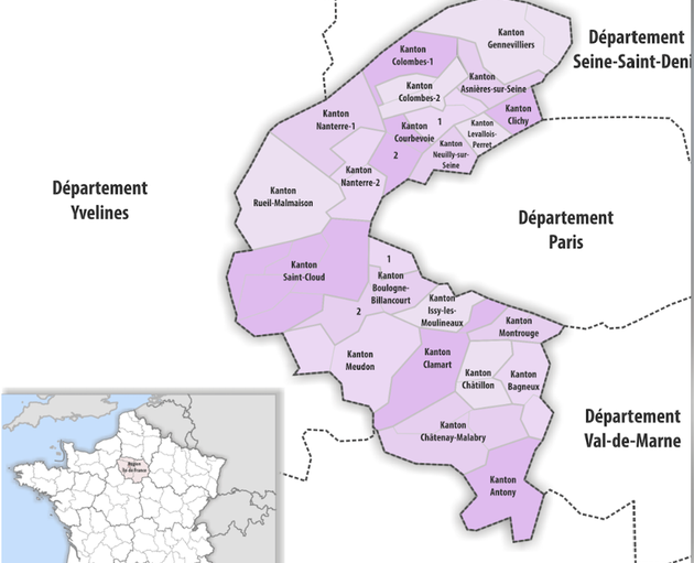 Cette image montre les cantons de la ville de Paris et ses alentours dans les départements environnants en Île-de-France.