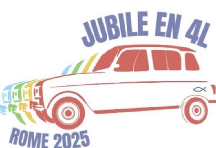 Logo célébrant le "Jubile en 4L" à Rome en 2025 : voiture 4L stylisée avec texte et symbole de poisson.
