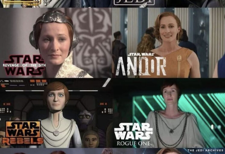 Collage de scènes de "Star Wars" montrant des personnages féminins dans différentes séries et films.
