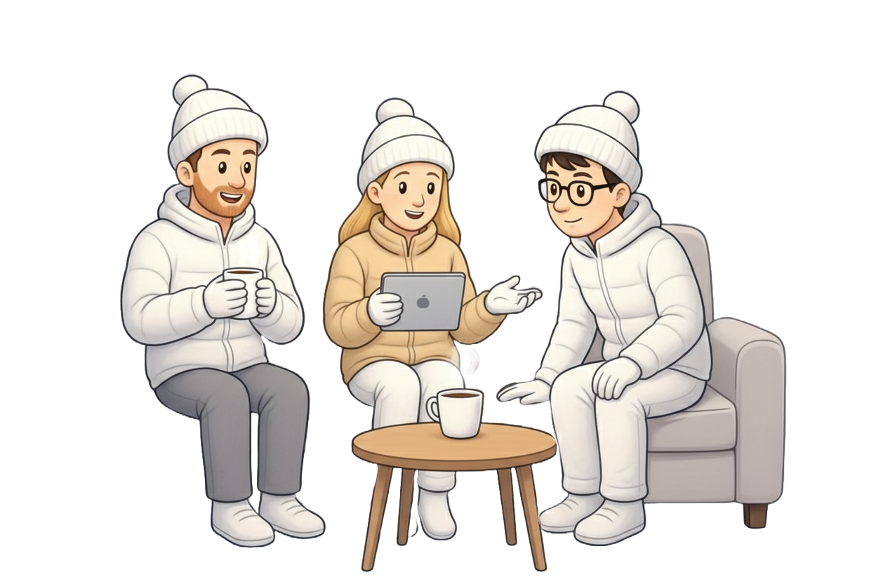 Trois personnes en tenue d'hiver discutent autour d'une petite table avec une tasse de café et un tableautte