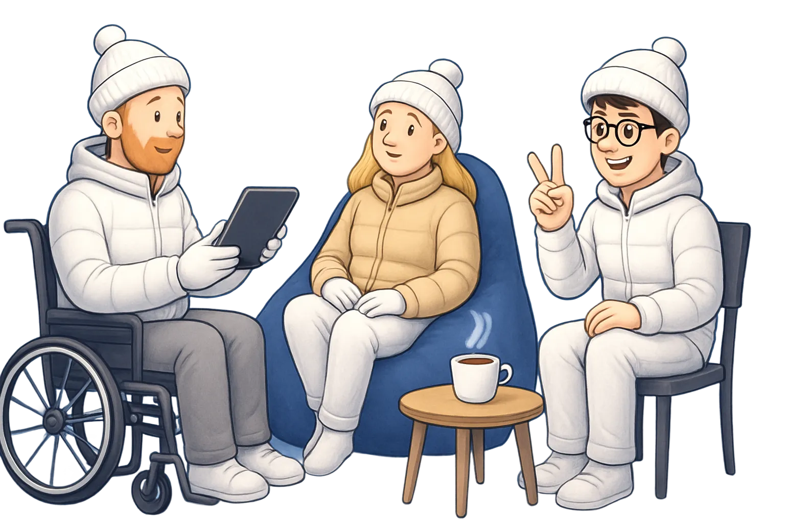 Trois personnes en hiver discutent ensemble : une personne en fauteuil roulant utilisant un smartphone, une femme assise sur 